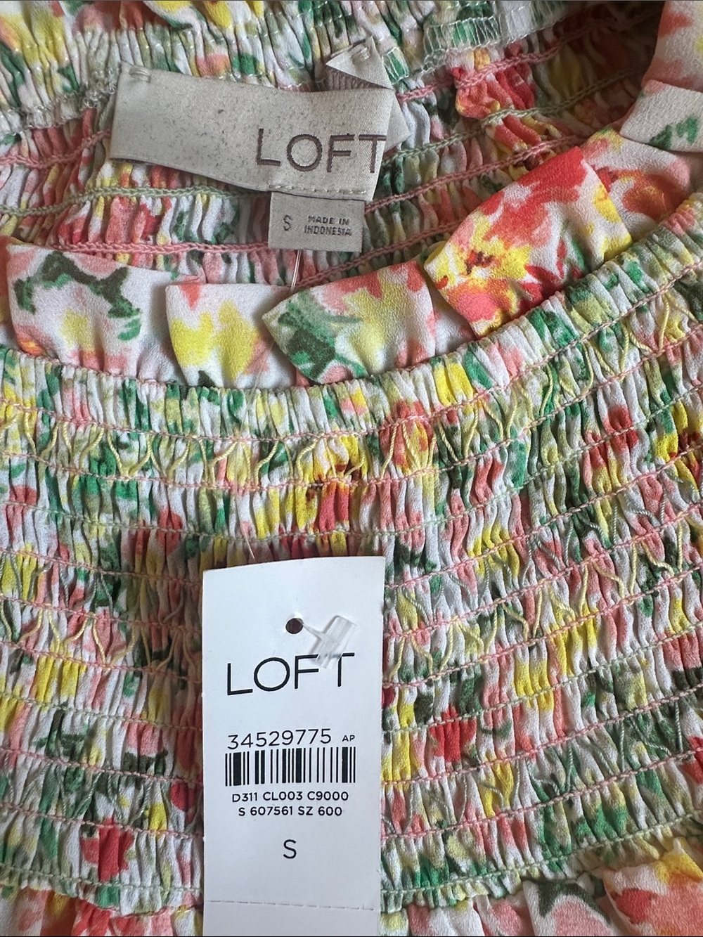 New With Tag- LOFT Floral Smocked Yoke Blouse in Peach, Green and Cream Small